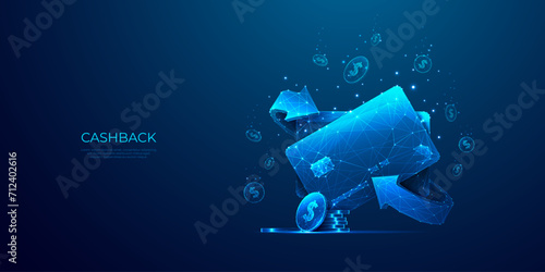 Cashback, Money Exchange concept. Abstract credit bank card, coin, return arrows in light blue futuristic monochrome style on technology background. Transfer money back. Low Poly vector illustration.