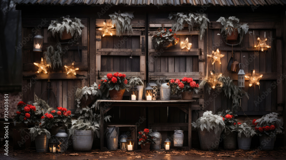 Step into a magical realm with this captivating rusted wooden backdrop, embellished with charming decorative accessories, stars, flowers, and the soft glow of LED lights for a rustic and enchanting am