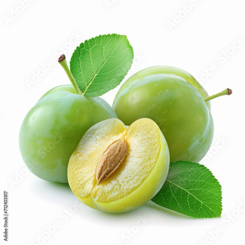 Fresh green plums with leaf isolated on white background, ai technology