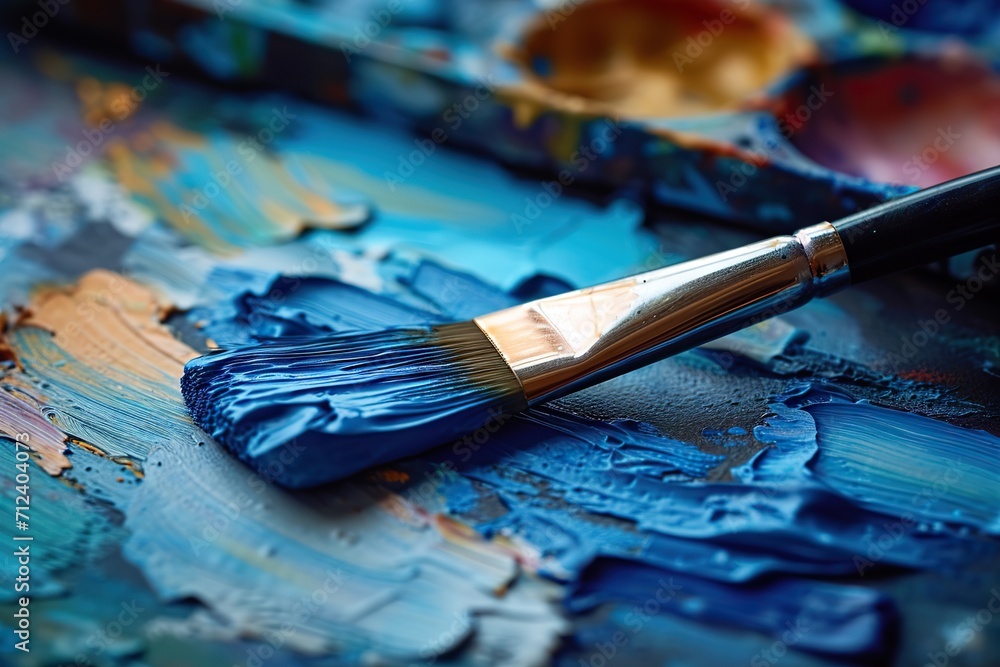 Unleashing Creativity A Close-Up View of a Paintbrush Dipped in Blue Paint Resting on an Artist’s Palette Full of Mixed Colors in a Vibrant Art Studio