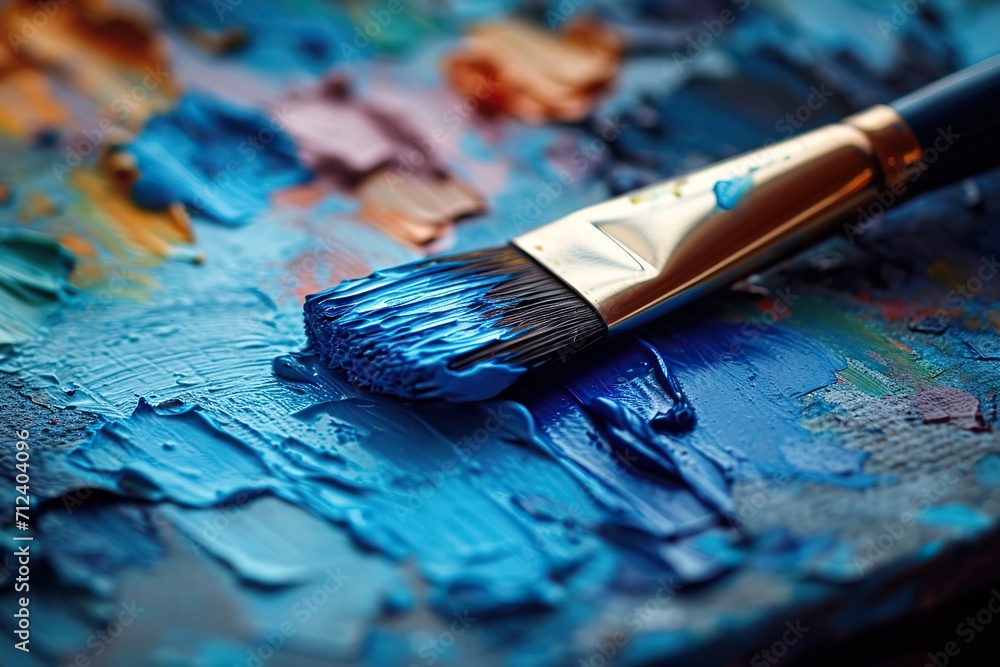 Unleashing Creativity A Close-Up View of a Paintbrush Dipped in Blue Paint Resting on an Artist’s Palette Full of Mixed Colors in a Vibrant Art Studio Unleashing Creativity A Close-Up View of a Paintbrush Dipped in Blue Paint Resting on an Artist’s Palette Full of Mixed Colors in a Vibrant Art Studio