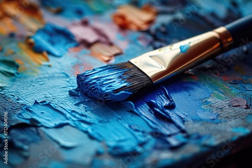 Unleashing Creativity A Close-Up View of a Paintbrush Dipped in Blue Paint Resting on an Artist’s Palette Full of Mixed Colors in a Vibrant Art Studio