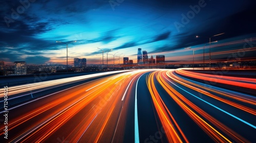 Long exposure of highway background is city night time, transportation concept