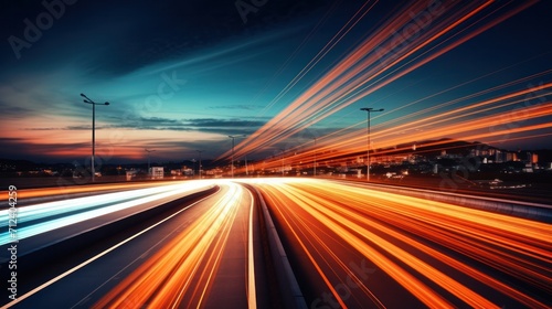 Long exposure of highway background is city night time, transportation concept