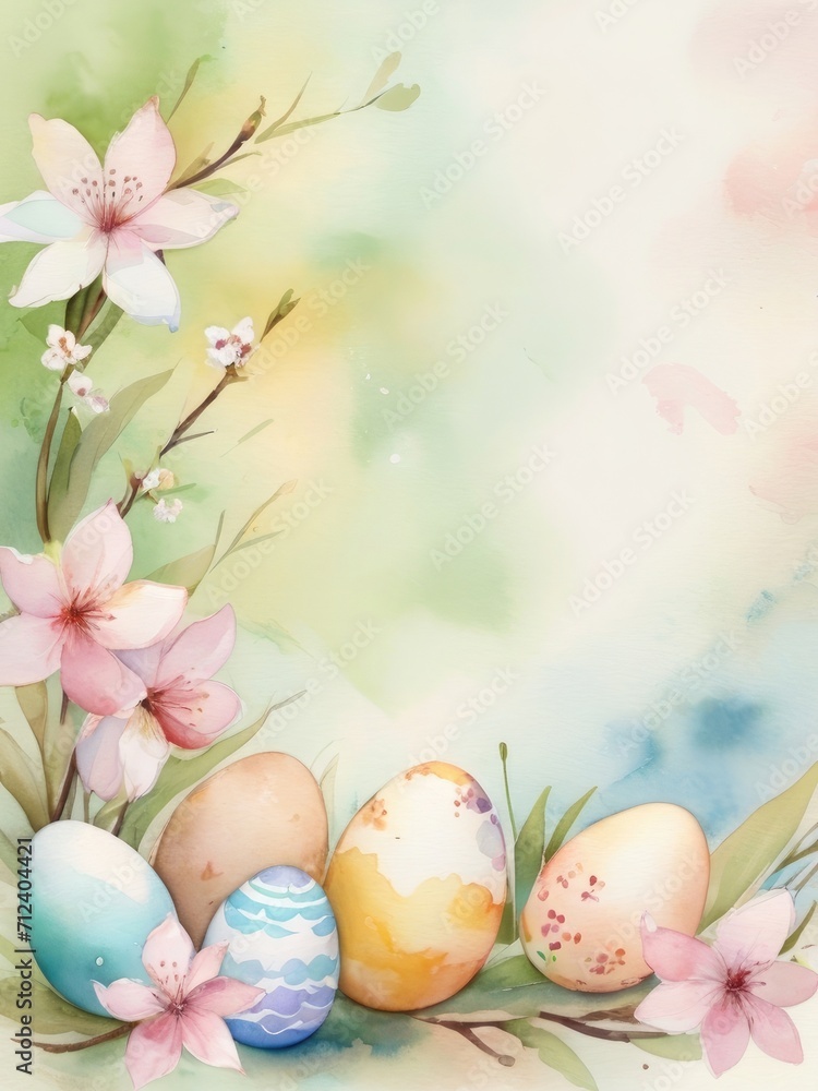Easter Eggs and flowers Watercolor floral design. Watercolor easter eggs 
spring floral background with copy space.
