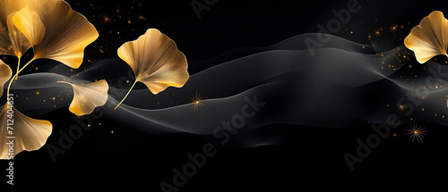 Background with gold and black branches, A black with gold leaves.Golden and black twig with leaves.Elegant seamless pattern of golden and gray ginkgo leaves in chalk paint design on black background. photo