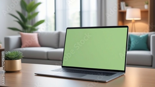 Blank Screen Laptop On The Table With Blurred Living Room Background © Passion