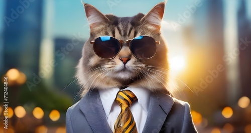 cat wearing sunglasses and a suit with a tie 