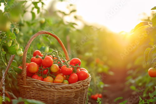 a basket full of tomatoes in tomatoes field, in sunrise, with sun light