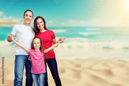 Happy young family with child travel at vacation.