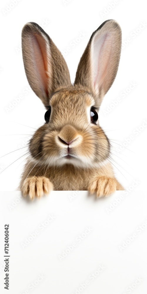 Obraz premium Peeking Funny Rabbit. Adorable Pet Rabbit Standing on Hind Legs, Isolated on White Background.