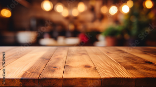 Wooden tabletop over defocused kitchen background , Generate Ai © VinaAmeliaGRPHIC