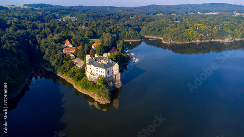 Aerial view of Orlik castle over Orlik reservoir. Beautiful gothic landmark over the lake. Orlik nad Vltavou  South Bohemia  Czech republic.