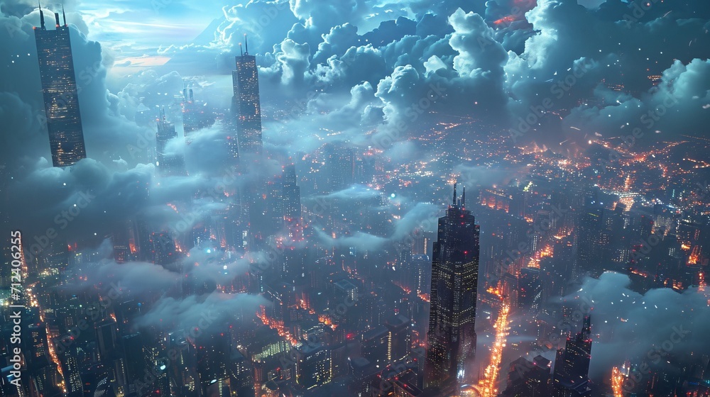 Obraz premium Cityscape with clouds and lights