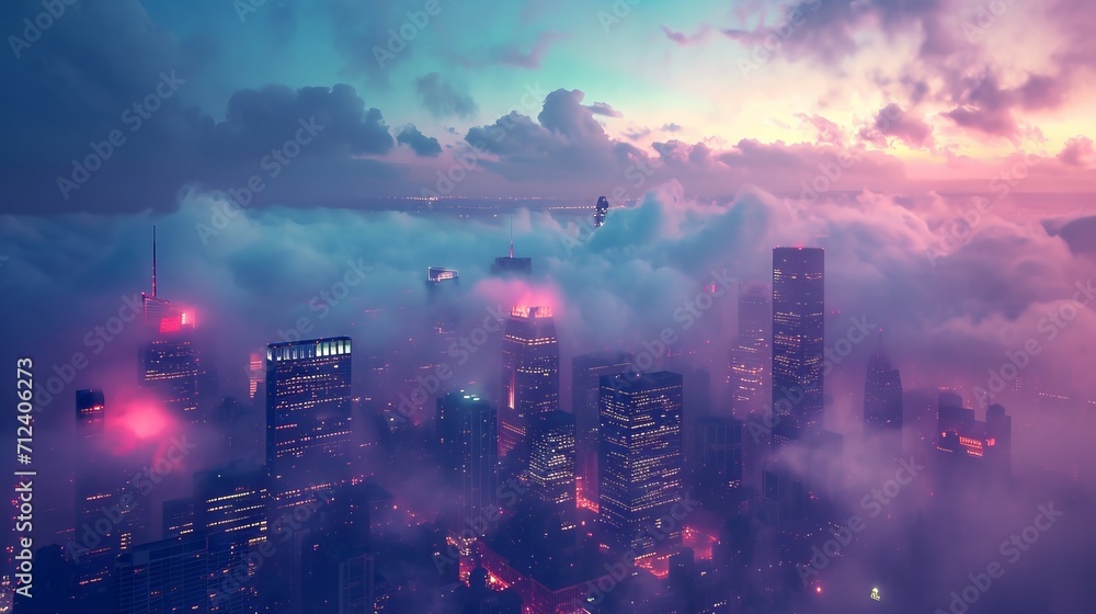 Fototapeta premium Cityscape with clouds and fog