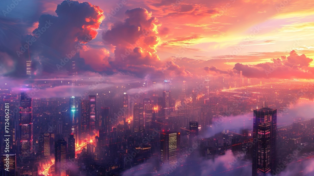 Cityscape with clouds and lights at sunset