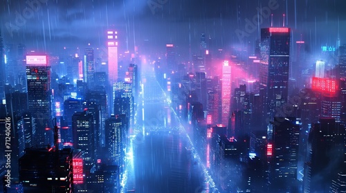A view of the night city with lights from a height in the rain
