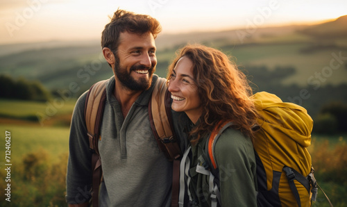 Couple hiker traveling, walking Italian Tuscan Landscape view