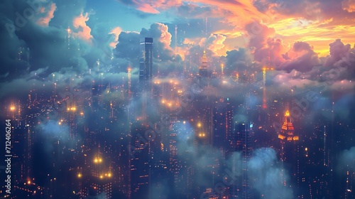 Cityscape with clouds and lights