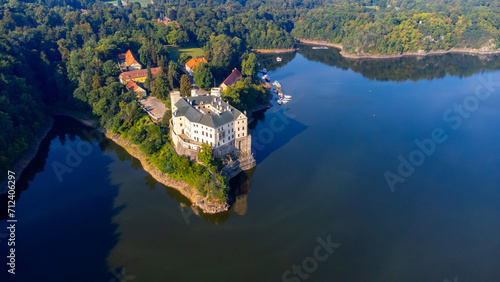 Aerial view of Orlik castle over Orlik reservoir. Beautiful gothic landmark over the lake. Orlik nad Vltavou, South Bohemia, Czech republic. photo