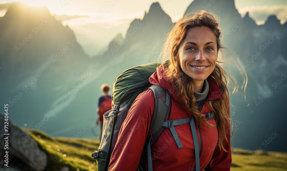 Adventurous Female Tourist Exploring Mountain Peaks. A solo traveler embracing the beauty and tranquility of nature. Independence, travel, and outdoor exploration. Adventurous Female Tourist Exploring Mountain Peaks. A solo traveler embracing the beauty and tranquility of nature. Independence, travel, and outdoor exploration.