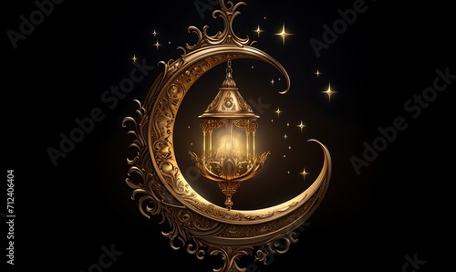 Golden Lantern Hanging from Ornate Crescent Moon. Generative Ai
