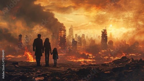 A family looking at a burning city