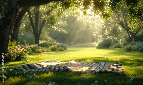 delightful picnic scene set in a serene park, bathed in golden sunlight. A soft, checkered blanket spreads across the lush green grass photo