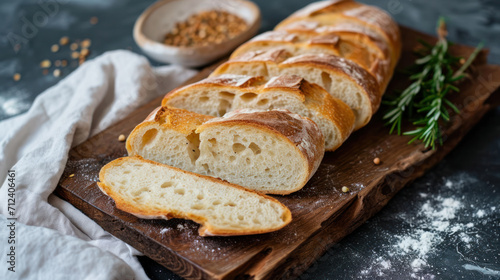 Ciabatta and olives. Fresh italian ciabatta bread with herbs, olive oil,parmesan and pesto sauce, olives on wooden background, top view, copy space. Flatley. Place for text. copy space.