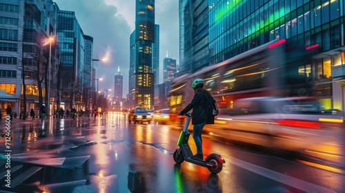 Transportation concept of urban mobility, electric scooters, sustainable public transit in a modern cityscape photo