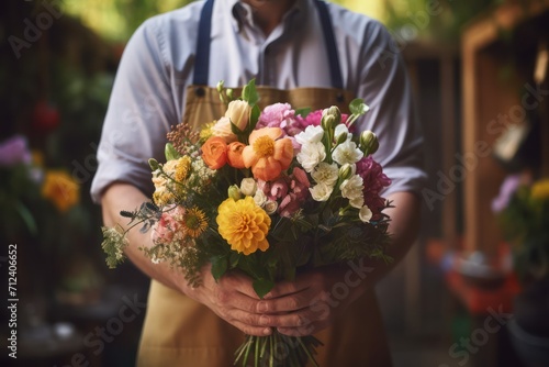 Man gives bouquet of flowers close-up. Generative AI