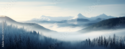 Beautiful scene of winter forest. Colorful morning view of misty mountains during sunrise. Beauty of nature concept background.