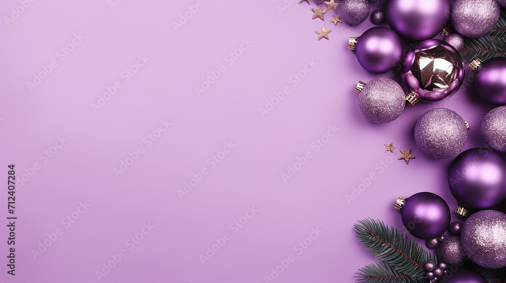 Festive New Year's Purple Frame Layout with Christmas Decorations, Glitter, and Fir Branches on Lilac Background - Cheerful Holiday Design with Copy Space for Promotional Content. Festive New Year's Purple Frame Layout with Christmas Decorations, Glitter, and Fir Branches on Lilac Background - Cheerful Holiday Design with Copy Space for Promotional Content.