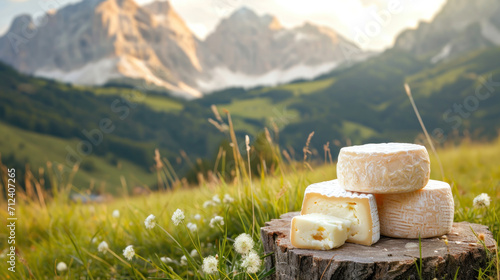Cheese collection, wooden board with French cheeses comte, beaufort, abondance, emmental, morbier and french mountains on background photo