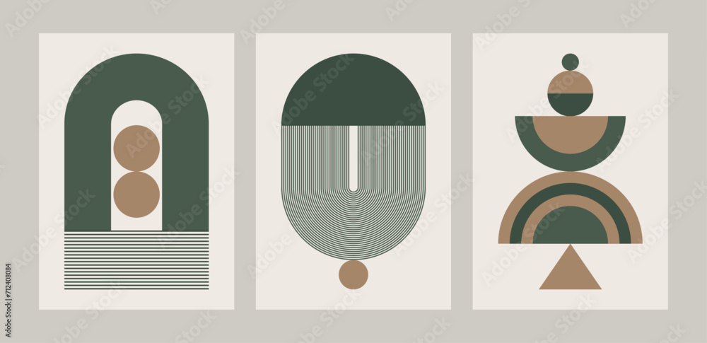 Set of minimalist flat vector illustrations inspired by Mid-Century Modern and Boho aesthetics. Contemporary wall art with lines, curves and circles