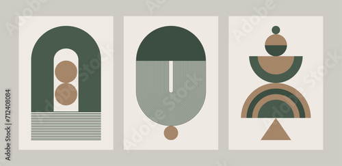 Set of minimalist flat vector illustrations inspired by Mid-Century Modern and Boho aesthetics. Contemporary wall art with lines, curves and circles