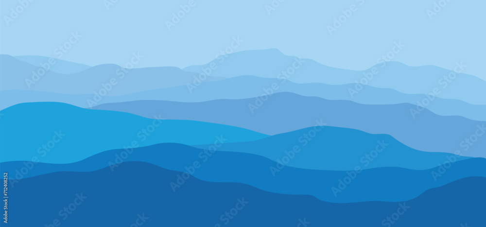 Abstract blue landscape illustrations. Mountains, sun, moon, sunset, desert, hills minimalist design. Trendy mid century art, boho home decor, wall art. wide art landscape design	
