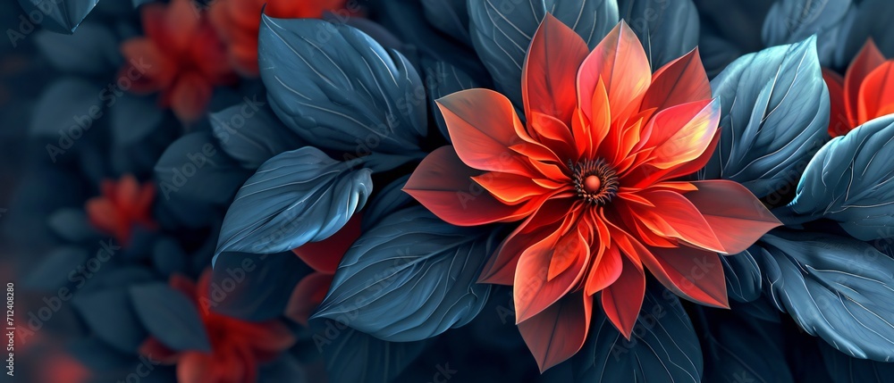 A flower with warm red petals and cool blue leaves, blending the essence of heat and chill in a vibrant contrast. A flower with warm red petals and cool blue leaves, blending the essence of heat and chill in a vibrant contrast.