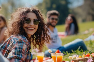 a group of young cheerful diverse men and women posing for a photo on a summer spring picnic in a park, drinking alcoholic beverages and eating food, snacks and having much fun, celebrating vacation
