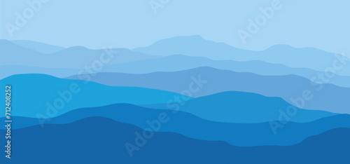 Abstract blue landscape illustrations. Mountains, sun, moon, sunset, desert, hills minimalist design. Trendy mid century art, boho home decor, wall art. wide art landscape design 
