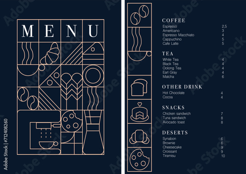 Cafe design menu. Coffee drinks menu price list for cafe, coffee shop vector template. Coffee linear print. Pattern with coffee theme in geometric minimalistic style. 