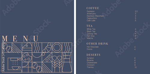 Cafe design menu. Coffee drinks menu price list for cafe, coffee shop vector template. Coffee linear print. Pattern with coffee theme in geometric minimalistic style. 