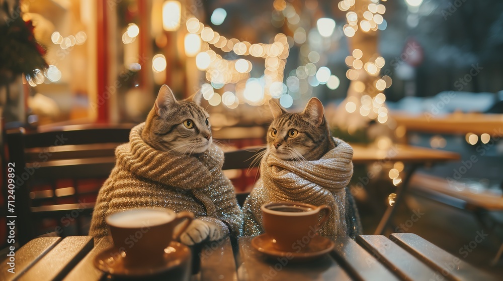 A couple of cats sitting in a cozy winter outdoor cafe with hot drinks, dressed in stylish winter cozy clothes. - obrazy, fototapety, plakaty 