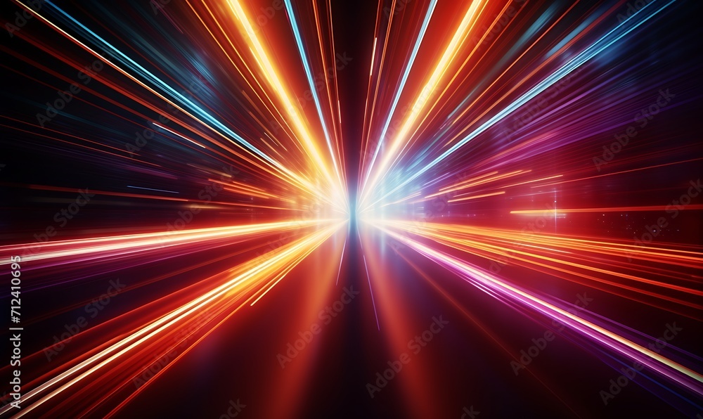 Obraz premium High speed straight lines and bokeh lights, glowing neon, speed of light in black studios. Generative Ai