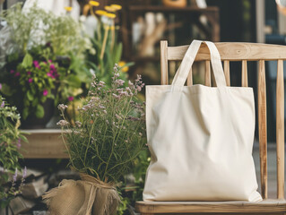 Blank empty white canvas tote bag mockup on chair with sunlight, for display design, eco friendly concept