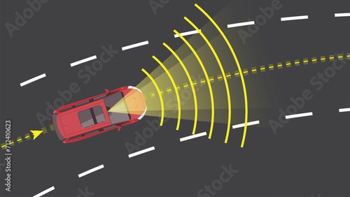 top view flat cartoon of car vehicle high end sensor radar autonomous system technology with curve road