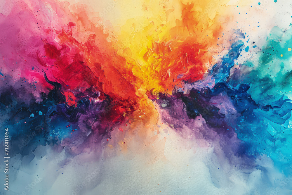 Splash or explosion of multicolored paint, swirl of watercolor or colored ink, abstract pattern background. Bright burst of colorful water. Concept of spectrum, banner, marble, liquid