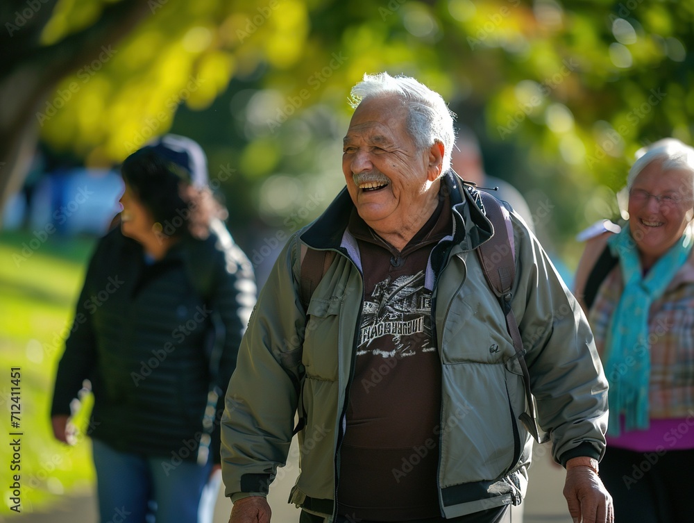 Fototapeta premium Elderly Bliss: Seniors Hiking and Relaxing in Park,Senior Serenity: Friends Enjoying Nature