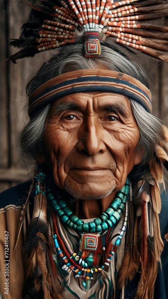 native american in traditional attire, close-up of intricate beadwork and feather headdress