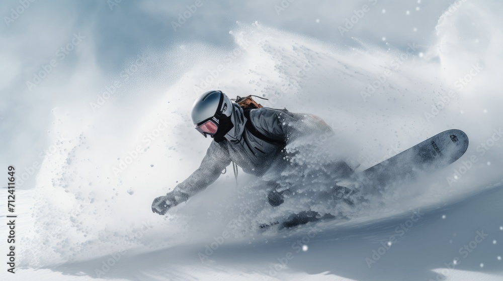 Fototapeta premium Snowboarder on the freeride slope. downhill with snowboards in fresh snow. Vacation concept. Extreme winter sport